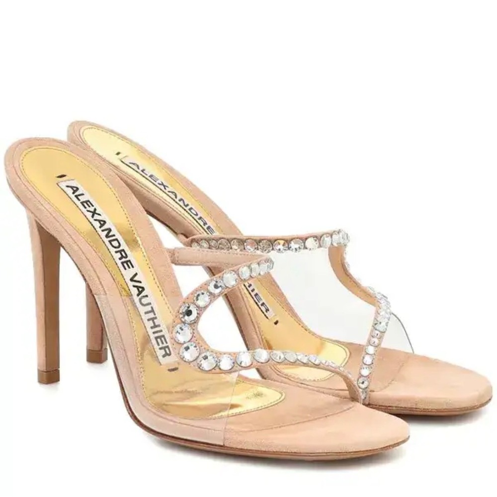 Alexandre Vauthier Tan Suede Crystal PVC Amber Sandals Mules Heel 39 NWOB‎